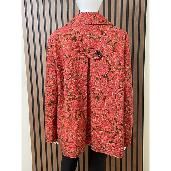 Talbots Women's L Pink Coat Cotton Pea Paisley Stretch Boho Career Swing Jacket - Picture 2 of 10